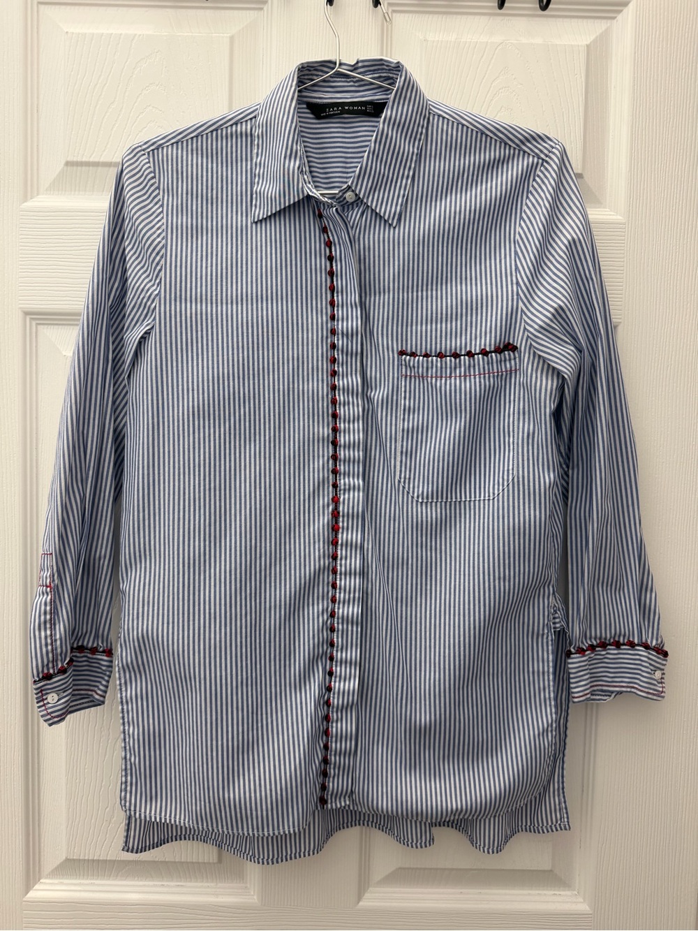 Zara Blue and White Striped Women's Button-Down Shirt with Red Trim